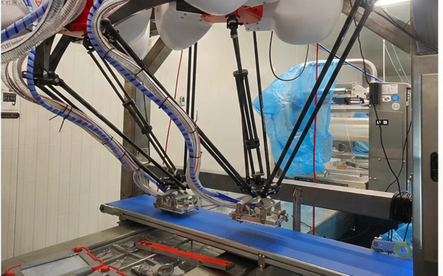 Delta robotu automatizācijas sistēma virs konveijera
